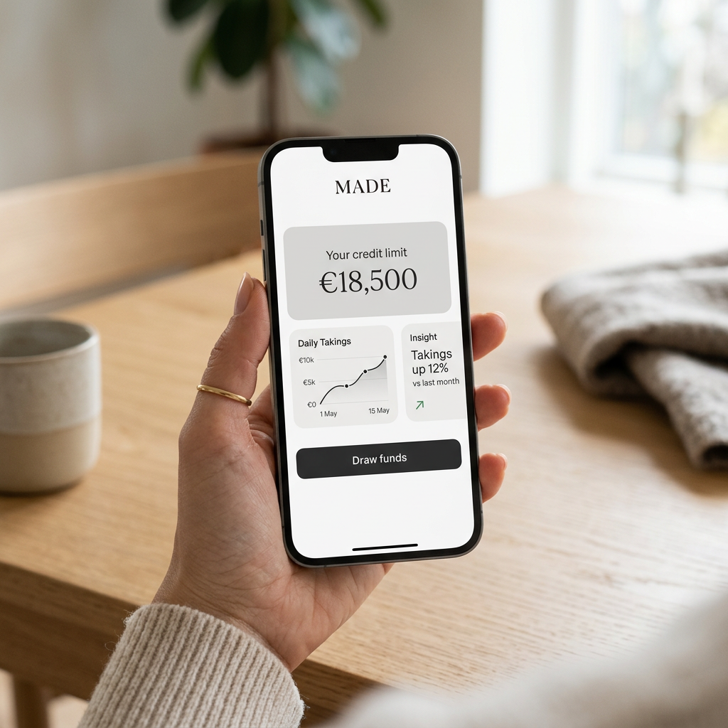 The Made app showing a live credit limit, daily takings and an insight card